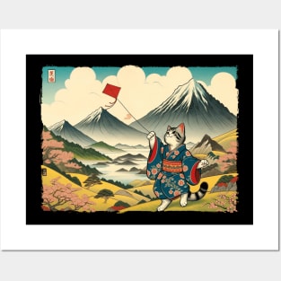 Vintage Japanese Art Kite Flying Mountain Mt. Fuji Cute Cat Posters and Art